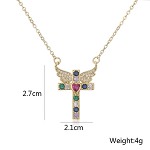 Detail view showing cross wing pendant dimensions 2.7cm by 2.1cm with multi-color zircons