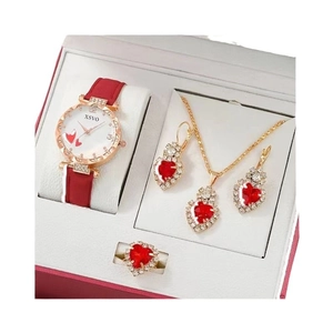 Women's quartz watch set with red leather strap and gold heart jewelry in a gift box