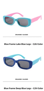 Detail view of polaroid sunglasses for kids in blue and pink retro square frames