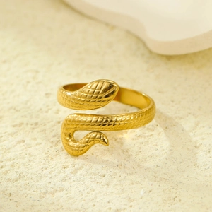 Minimalist 18K gold plated stainless steel snake ring with textured scale detailing