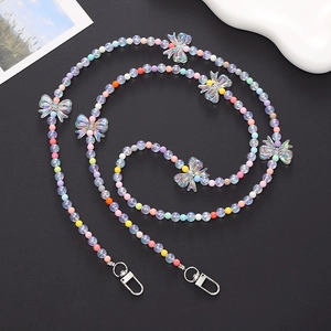 Pastel beaded crossbody phone strap with iridescent bow charms and metal clasps