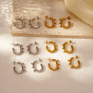 Stainless Steel Oval Hoop Earrings Bold Thick Spike Bead Geometric Fashion Jewelry For Women