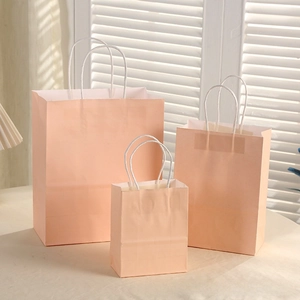 Detailed set of three peach macaron gift bags with white sturdy paper handles