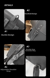 Detail view of leather handle, metal buckles, and adjustable straps on the gray backpack