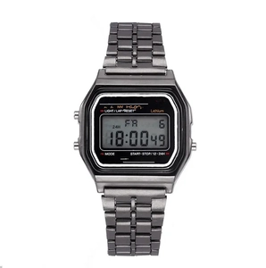 Detailed close-up of retro digital watch face with gunmetal steel band and LCD display