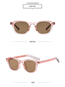 Front and side view of oval pink gradient frame sunglasses with tea lenses