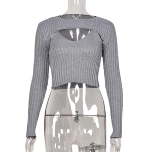Slim fit grey knit long sleeve top with cutout detail and two-piece layered effect