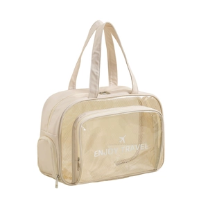 Large beige dry wet separation travel wash bag with clear compartments and Enjoy Travel text