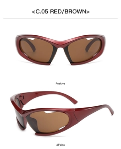 Detailed views of red Y2K sports sunglasses showing front and 45-degree angles