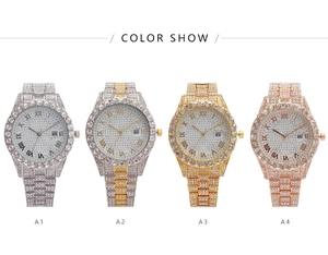 Four luxury iced-out watches in silver, gold, and rose gold with Roman numerals