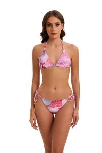 Detail of pink floral halter bikini set with side-tie bottoms and adjustable straps