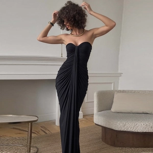 Elegant French style black ruched tube maxi dress featuring sleek back ribbon details
