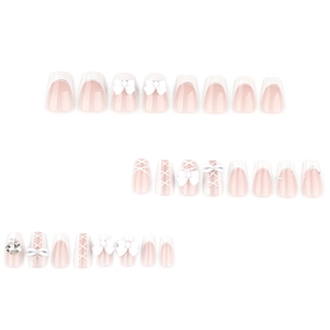 French white square press-on nails set with 3D bows, pearls, and rhinestones