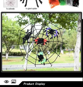 Set Halloween con ragnatela gigante, ragno di peluche e ragnatele di cotone colorate