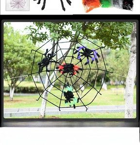 Halloween outdoor set with giant black cobweb, plush spider and multi-color cotton webs