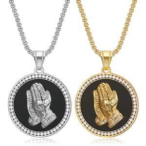 Hip hop style gold and silver prayer hand pendant necklaces with micro zircon inlays