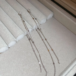 Macro detail of long silver tassel earrings with zircon studs on a jewelry stand