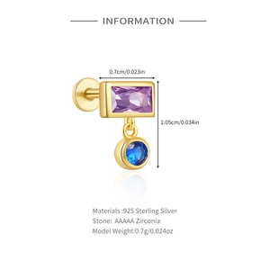 Detailed size view of silver cartilage stud earring with purple and blue zircon stones