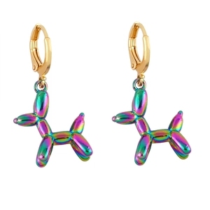 Colorful balloon dog drop earrings with golden hoops in metallic rainbow finish