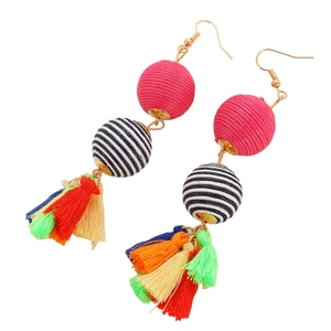 Bohemian colorful tassel earrings with handmade woven spheres and golden hooks for women