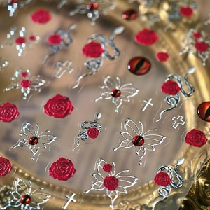 Gothic rose and silver snake nail art stickers with vintage red butterfly designs