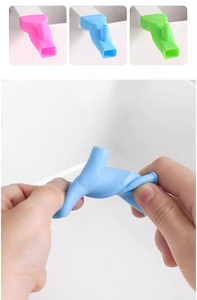 Flexible silicone faucet extender showing high elasticity in pink, blue and green colors