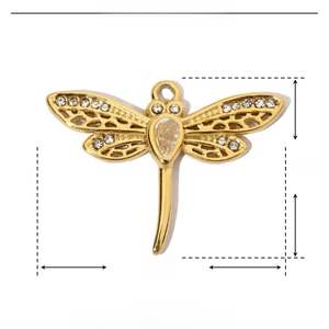 Detailed specs of 29mm gold dragonfly pendant made of stainless steel and zircon
