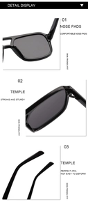 Detail display of square sunglasses showing comfy nose pads and durable hinges