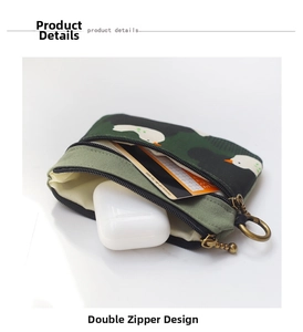 Détail d'une petite pochette en toile verte avec double fermeture éclair de rangement