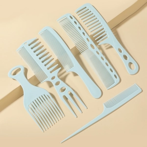 Set of 6 light blue professional hair combs including wide tooth and tail combs