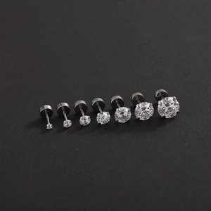 Titanium Steel Stud Earrings Round Four-Prong Cubic Zirconia Flat Back Screw-Back Cartilage Ear Piercing Unisex Jewelry