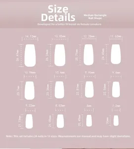 Size chart for 24pcs medium square press-on nails showing 12 different width and length dimensions