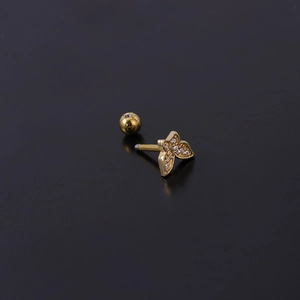 Golden butterfly cartilage stud earring with cubic zirconia and screw ball backing