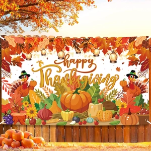 Outdoor scene of a Happy Thanksgiving backdrop with turkey and pumpkins on wooden fence