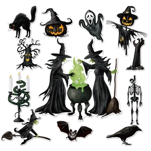 Detailed Halloween magnets set featuring skeleton gnome, pumpkin, black cat and bat icons