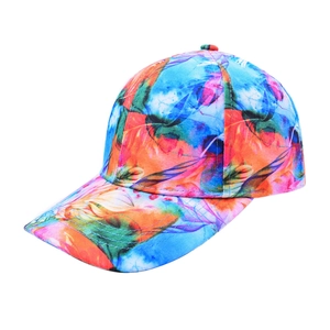 Detail of colorful tie-dye baseball cap with abstract orange and blue feather print