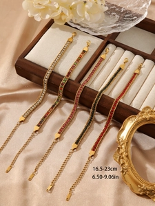 Detail showing colorful tennis bracelets with adjustable extension chain and length guide