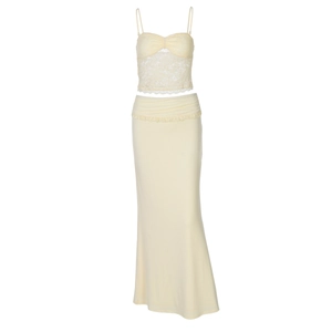 Lace bustier top and bodycon maxi skirt set in cream beige for elegant summer fashion