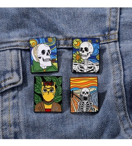 Artistic enamel pins set featuring skull and cat versions of famous oil painting masterpieces