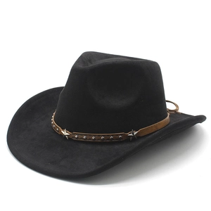 Close-up of wide brim fedora with star studs and metallic rivets on brown band