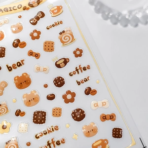 3D cartoon bear coffee themed nail stickers for kids featuring cookie and floral patterns