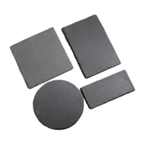 Set of 4 black natural slate coasters in square, rectangle and round shapes for dining