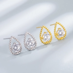 S925 sterling silver teardrop stud earrings with white zircon in gold and silver finish