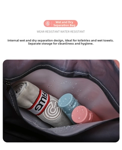 Detail view of dry and wet separation pocket in large travel bag with waterproof lining
