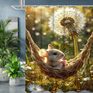 Details des hochauflösenden Digitaldruck-Duschvorhangs mit süßem Maus- und Löwenzahndesign