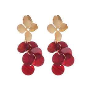Vintage gold flower studs with red marbled acrylic cluster dangles for women