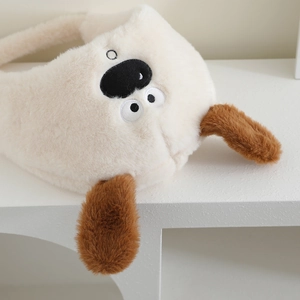 Cute cartoon puppy plush winter hat for kids featuring warm ear flaps and fluffy white fur