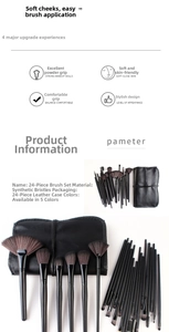 Detailed 24-piece professional makeup brush set with black handles and roll-up storage bag