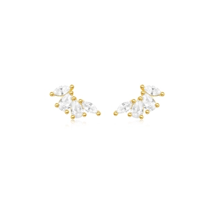 Close-up of elegant 18K gold earrings with marquise-cut white crystals in a fan shape