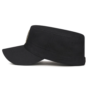 Men's black cotton cadet cap with adjustable back and gold emblem detail for casual wear